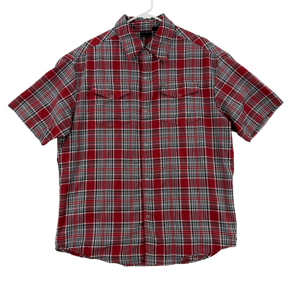 Vintage Hurley Shirt Mens Large Red Plaid Short Sleeve Snap Front Western Casual